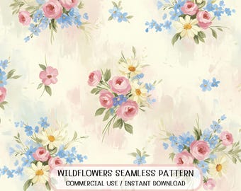 Seamless Wildflower Bouquet Pattern Soft Pastel Floral Vintage Garden Fabric Digital Paper Design
