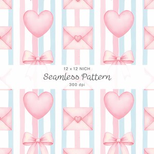 Puede incluir: Patrón sin costuras con corazones rosas, lazos y sobres con detalles de corazón, sobre un fondo de rayas verticales rosas y celeste. Se muestra el texto "Seamless Pattern". El patrón mide 30,48 x 30,48 cm.