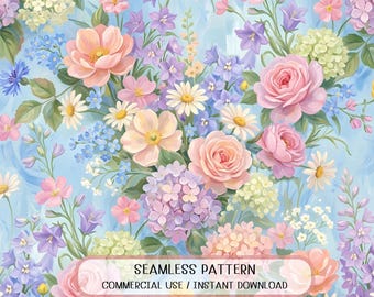 Pastel Wildflower Floral Seamless Pattern, Vintage Botanical Surface Design (Digital Download)