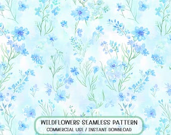Seamless Wildflower Light Blue Watercolor Ethereal Floral Pattern