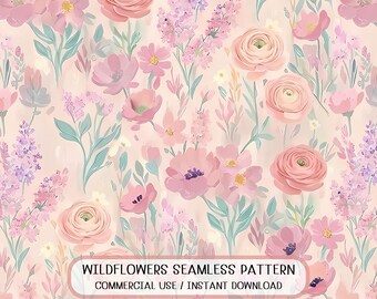 Seamless Wild Flowers Watercolor Pattern for Textile Print (Digital download)