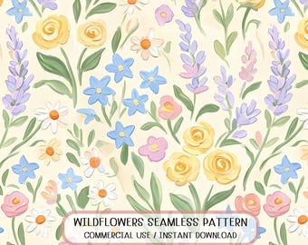 Seamless Wildflower Yellow Rose Pastel Meadow Surface Pattern