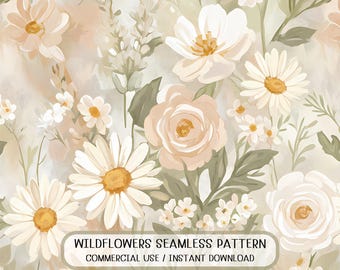 Boho Floral Watercolor Seamless Pattern, White Daisy Blush Rose (Digital Download)
