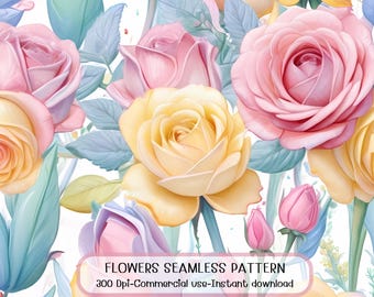 Pastelowy wzór kwiatowy z różą: akwarelowy, botaniczny wzór w stylu vintage (do pobrania w wersji cyfrowej)