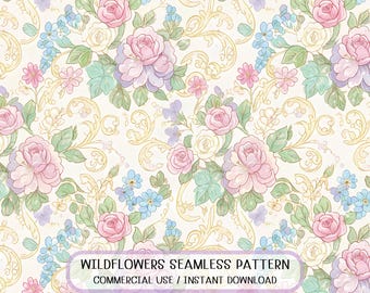 Vintage Rose Garden Seamless Pattern, Pastel Floral Textile Design (Digital Download)