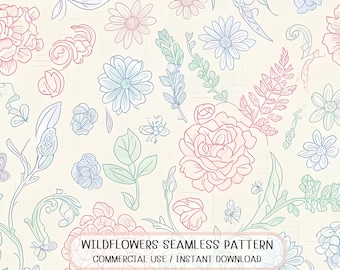 Seamless Wildflower Line Art Pattern Minimal Floral Outline Botanical Digital Paper Fabric Design