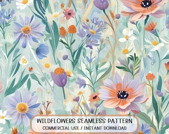 Bezszwowy wzór łąki z dzikimi kwiatami, akwarela, pastelowy kwiatowy, botaniczny, vintage, druk tekstylny, papier cyfrowy