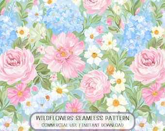 Watercolor Floral Seamless Pattern: Roses, Hydrangeas, Daisies (Digital Download)