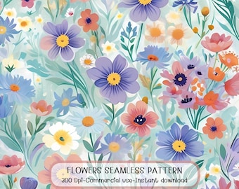 Pastelowy wzór dzikich kwiatów, akwarela, łąka kwiatowa, miękki, botaniczny papier cyfrowy, projekt Cottagecore