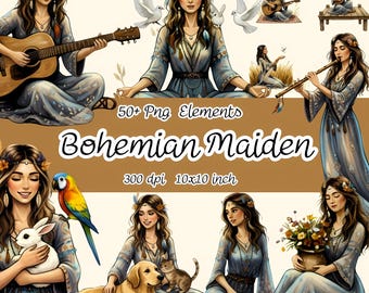 Boho Maiden Clipart Bundle, Woman, Animals, Floral PNG (Digital Download)