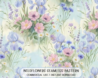 Seamless Wildflower Pastel Iris and Rose Watercolor Meadow Pattern