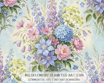 Seamless Wildflower Classic Hydrangea Lavender Bouquet Fabric