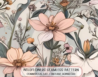Seamless Botanical Floral Pattern Modern Art Nouveau Soft Neutral Flowers Elegant Fabric Digital Paper