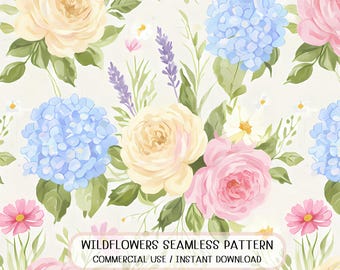 Seamless Hydrangea Rose Floral Pattern Elegant Pastel Botanical Wedding Fabric Digital Paper Design