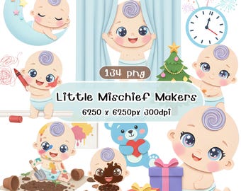 Kawaii Baby Clipart Bundle, Cartoon PNG Graphics (Digital Download