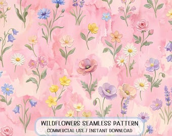 Seamless Wildflower Pink Watercolor Textured Ditsy Print