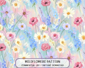 Wildflower Watercolor Seamless Pattern, Pastel Floral Digital Paper (Instant Download)
