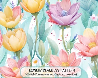 Bezszwowy akwarelowy wzór kwiatowy: cyfrowy papier pastelowe kwiaty polne (do użytku komercyjnego)