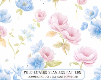 Pastel Wildflower Seamless Pattern: Watercolor Floral Digital Paper (Instant Download)