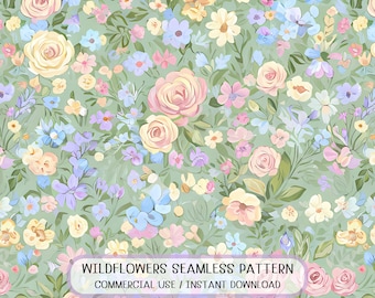 Pastel Wildflowers Seamless Pattern, Vintage Floral Textile Print (Digital Download)