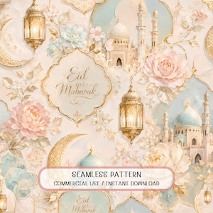 May include: A seamless pattern featuring a soft color palette of pastel pink, blue, and gold. The design includes ornate lanterns, crescent moons, floral elements, and architectural details. The text "Eid Mubarak" is displayed in elegant script. The words "SEAMLESS PATTERN" are also visible.