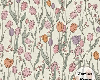 Hand Drawn Tulip Seamless Pattern, Vintage Floral Paper (Digital Download)