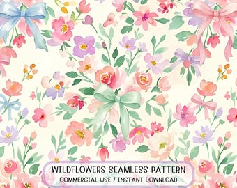 Pastel Watercolor Floral Bow Pattern, Seamless Textile Fabric Design (Digital Download)