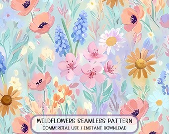 Pastel Watercolor Wildflower Seamless Pattern, Floral Surface Design (Digital Download)