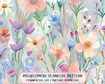 Seamless Wildflower Watercolor Pattern Pastel Floral Digital Paper Spring Flowers Background Soft Botanical Print