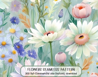 Wzór akwarelowych kwiatów polnych, bezszwowy, cyfrowy papier z pastelowymi kwiatami (pobranie cyfrowe)