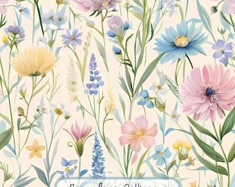Watercolor Floral Fabric Pattern, Seamless Botanical Digital Paper, Commercial Use, Textile Design