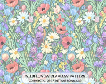 Seamless Wildflower Meadow Pattern Colorful Botanical Floral Print Vintage Garden Fabric Design Digital Paper