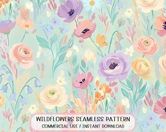 Seamless Wildflower Watercolor Pattern Pastel Floral Digital Paper Spring Botanical Background Feminine Flower Print