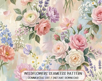 Seamless Wildflower Elegant Rose Bouquet Painterly Floral Pattern
