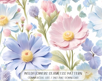 Pastel Wildflower Watercolor Seamless Pattern (Digital Download)