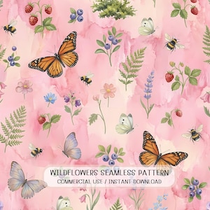 Motivo a farfalla senza soluzione di continuità con fiori selvatici, acquerello rosa, natura floreale, bacche, insetti, tessuto, carta digitale
