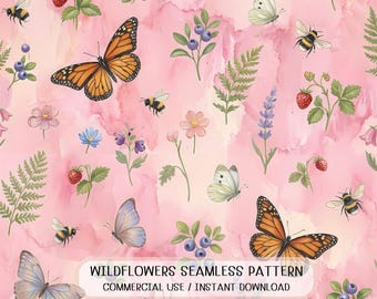 Seamless Butterfly Wildflower Pattern Pink Watercolor Nature Floral Berry Insect Fabric Digital Paper