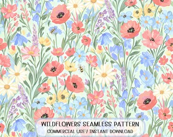 Seamless Wildflower Meadow Watercolor Pastel Textile Design
