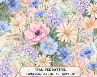 Pastel Wildflower Seamless Pattern, Cottagecore Floral Fabric Design (Digital Download)