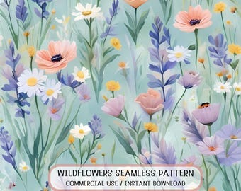 Papel digital con estampado floral de flores silvestres en acuarela pastel, fondo botánico de pradera primaveral.