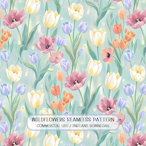 Puede incluir: Un patrón sin costuras con tulipanes de acuarela en tonos rosa, amarillo, naranja y azul sobre un fondo verde azulado claro. El texto "Wildflowers Seamless Pattern" se muestra en la parte inferior. Para uso comercial y descarga instantánea.