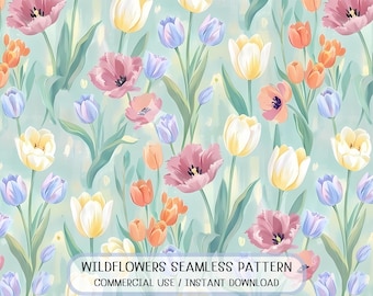 Watercolor Tulip Seamless Pattern: Spring Wildflower Floral Fabric Print (Digital Download)