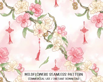 Patrón oriental de Año Nuevo Lunar con flores silvestres chinas sin costuras