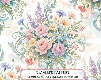 Victorian Floral Seamless Pattern, Watercolor Roses Botanical Fabric Design (Digital Download)