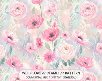 Watercolor Pink Floral Seamless Pattern: Pastel Flowers, Romantic Spring Background (Digital Download)