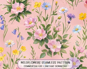 Pradera botánica de flores silvestres en tonos pastel sin costuras sobre fondo rosa suave
