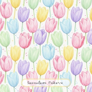 Watercolor Tulip Seamless Pattern, Pastel Floral Digital Paper, Spring Flower Background, Fabric & Scrapbook Design
