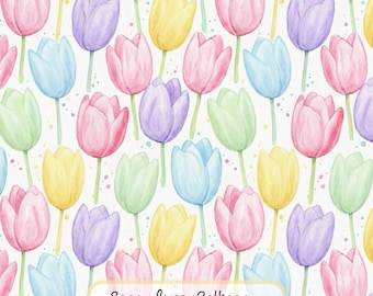 Watercolor Tulip Seamless Pattern, Pastel Floral Digital Paper, Spring Flower Background, Fabric & Scrapbook Design