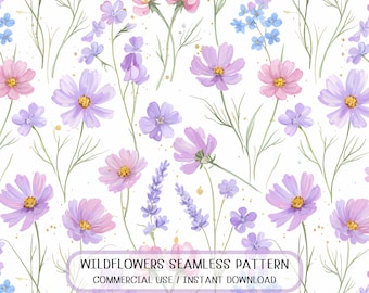 Seamless Watercolor Wildflower Pattern, Pastel Floral Garden PNG (Digital Download)
