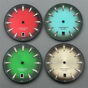 Puede incluir: Cuatro esferas de reloj circulares con un acabado degradado tipo rayos de sol en rojo, turquesa, verde y dorado. Cada esfera presenta índices aplicados plateados, un orificio central, una ventana de fecha a las seis y el texto CHRONOMETER 100/330ft.